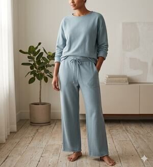Cozy Earth Organic Cotton Pullover Wide-Leg Pant Set L Top XL Bottoms Sage Blue
